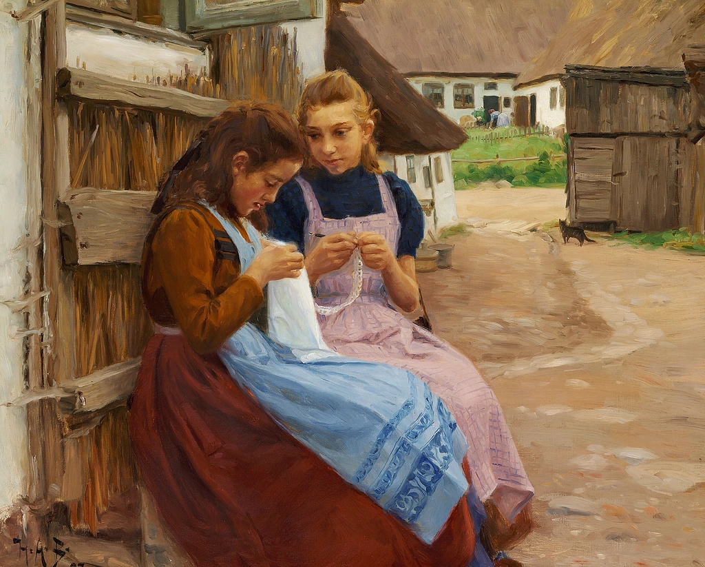 Due ragazze che ricamano sedute in un cortile, 1902